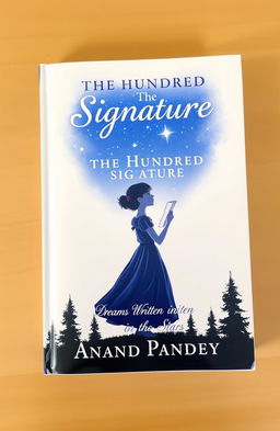 A book cover design featuring a girl in a beautiful frock, holding a page in her hand, gazing up at a star-filled night sky