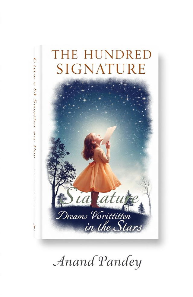 A book cover design featuring a girl in a beautiful frock, holding a page in her hand, gazing up at a star-filled night sky