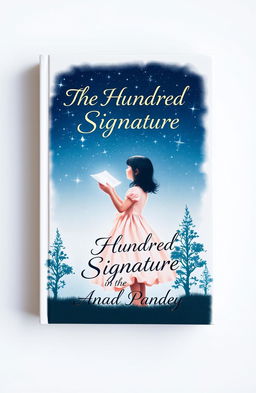 A book cover design featuring a girl in a beautiful frock, holding a page in her hand, gazing up at a star-filled night sky