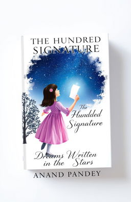 A book cover design featuring a girl in a beautiful frock, holding a page in her hand, gazing up at a star-filled night sky