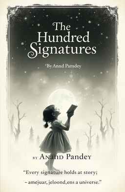 A haunting book cover design featuring a young girl in a delicate frock holding a page, gazing up at a mesmerizing starry sky