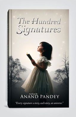 A haunting book cover design featuring a young girl in a delicate frock holding a page, gazing up at a mesmerizing starry sky