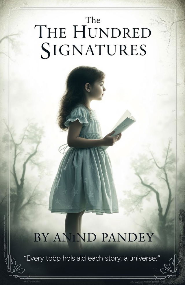 A haunting book cover design featuring a young girl in a delicate frock holding a page, gazing up at a mesmerizing starry sky