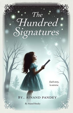 A haunting book cover design featuring a young girl in a delicate frock holding a page, gazing up at a mesmerizing starry sky