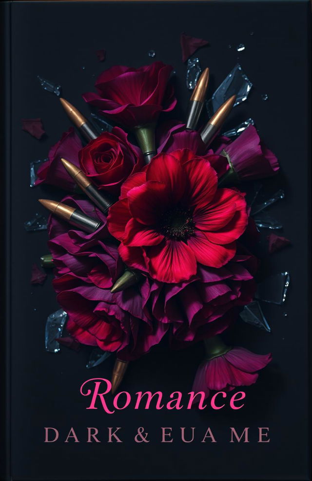 A dark romance novel cover featuring an elegant arrangement of vibrant flowers intertwined with glimmering bullets and shards of broken glass