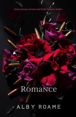 A dark romance novel cover featuring an elegant arrangement of vibrant flowers intertwined with glimmering bullets and shards of broken glass