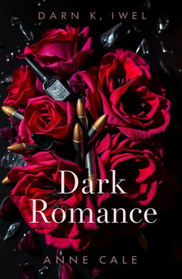 A dark romance novel cover featuring an elegant arrangement of vibrant flowers intertwined with glimmering bullets and shards of broken glass