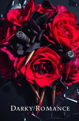 A dark romance novel cover featuring an elegant arrangement of vibrant flowers intertwined with glimmering bullets and shards of broken glass