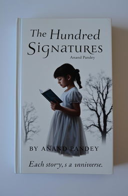 A haunting book cover featuring a young girl in a delicate frock, holding a page and gazing thoughtfully at a starry sky