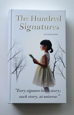A haunting book cover featuring a young girl in a delicate frock, holding a page and gazing thoughtfully at a starry sky