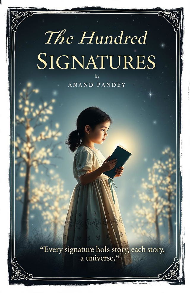 A haunting book cover featuring a young girl in a delicate frock, holding a page and gazing thoughtfully at a starry sky