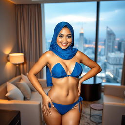 A hijabi Malay woman in a hotel room, confidently wearing a blue bikini that contrasts with her traditional hijab, standing in a seductive pose