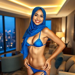 A hijabi Malay woman in a hotel room, confidently wearing a blue bikini that contrasts with her traditional hijab, standing in a seductive pose