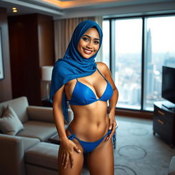 A hijabi Malay woman in a hotel room, confidently wearing a blue bikini that contrasts with her traditional hijab, standing in a seductive pose