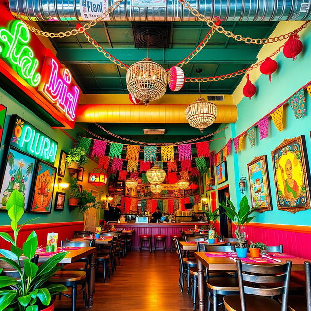 A vibrant and picturesque Mexican restaurant interior remodel, showcasing bright and colorful designs