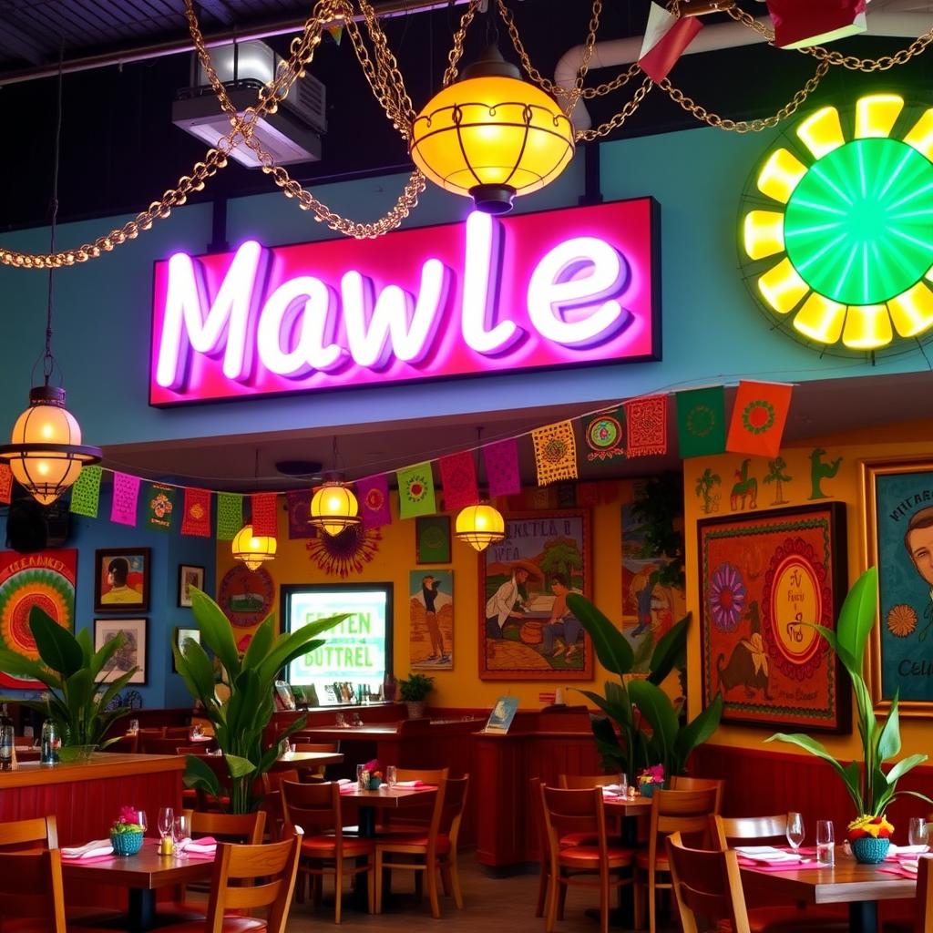 A vibrant and picturesque Mexican restaurant interior remodel, showcasing bright and colorful designs