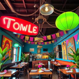 A vibrant and picturesque Mexican restaurant interior remodel, showcasing bright and colorful designs