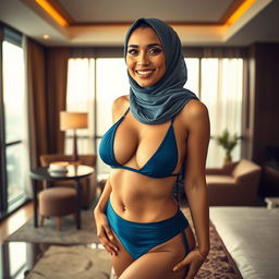 A hijabi Malay woman, portrayed as a confident and alluring mature woman, in a hotel room, wearing a blue bikini that highlights her medium-sized breasts