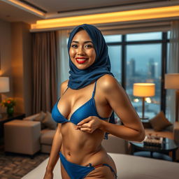 A hijabi Malay woman with fair skin, portrayed as an elegant and alluring mature woman, in a hotel room, wearing a blue bikini that enhances her medium-sized breasts