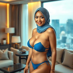 A hijabi Malay woman with fair skin, portrayed as an elegant and alluring mature woman, in a hotel room, wearing a blue bikini that enhances her medium-sized breasts