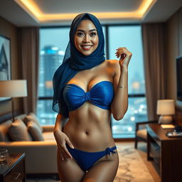 A hijabi Malay woman with fair skin, portrayed as an elegant and alluring mature woman, in a hotel room, wearing a blue bikini that enhances her medium-sized breasts