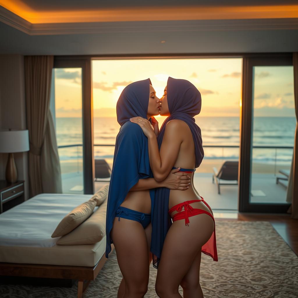 Two hijabi Malay women with fair skin, depicted as alluring mature individuals, are kissing each other in a stylish hotel room