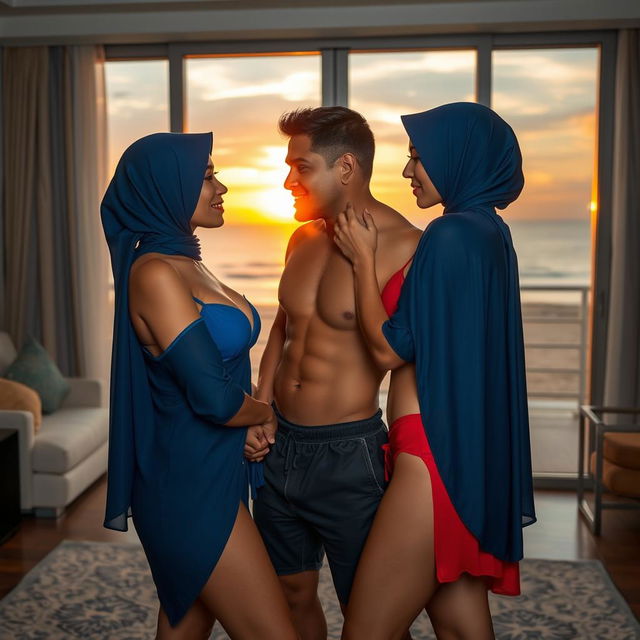 Two hijabi Malay women with fair skin, portrayed as alluring mature individuals, wearing blue and red bikinis, are engaged in an intimate and passionate moment with a masculine male figure in a luxurious hotel room