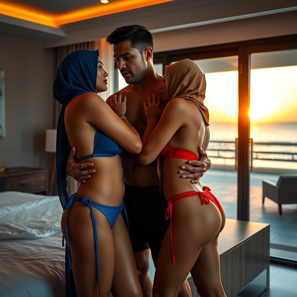 Two hijabi Malay women with fair skin, portrayed as alluring mature individuals, wearing blue and red bikinis, are engaged in an intimate and passionate moment with a masculine male figure in a luxurious hotel room