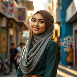 A stunning Malay woman wearing a beautifully designed hijab that elegantly complements her features, exuding confidence and grace