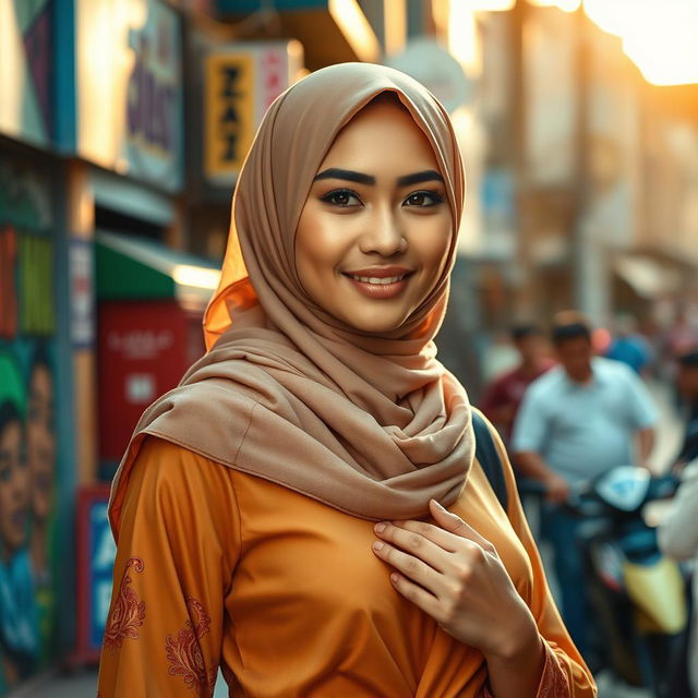 A stunning Malay woman wearing a beautifully designed hijab that elegantly complements her features, exuding confidence and grace