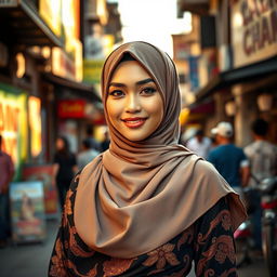 A stunning Malay woman wearing a beautifully designed hijab that elegantly complements her features, exuding confidence and grace