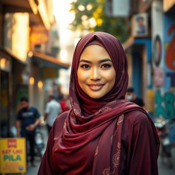 A stunning Malay woman wearing a beautifully designed hijab that elegantly complements her features, exuding confidence and grace