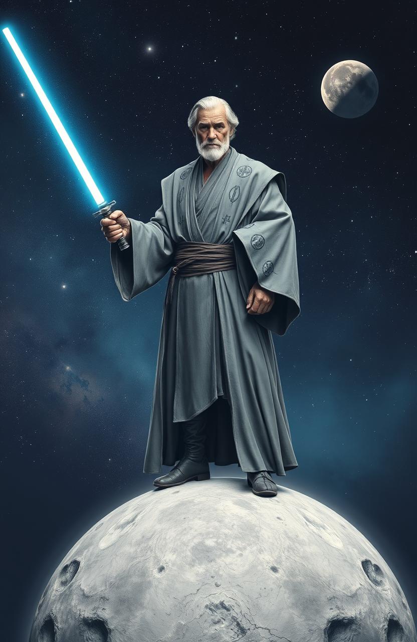 A powerful Jedi master depicted as a Gray Jedi, standing majestically on the surface of a moon, controlling the celestial body with a commanding presence