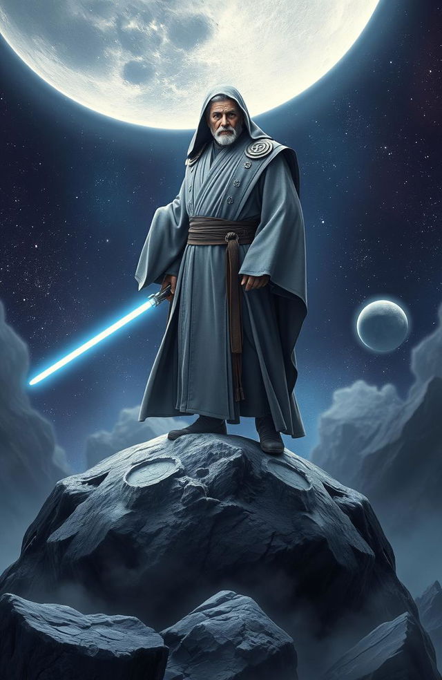 A powerful Jedi master depicted as a Gray Jedi, standing majestically on the surface of a moon, controlling the celestial body with a commanding presence