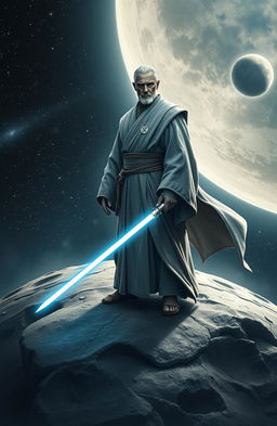 A powerful Jedi master depicted as a Gray Jedi, standing majestically on the surface of a moon, controlling the celestial body with a commanding presence
