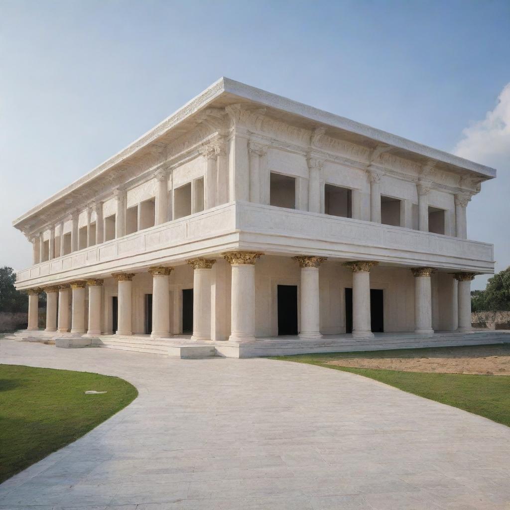 The exterior design of a modern, expansive 100ft x 200ft wedding hall made with composite board design, possessing the grandeur of a Roman temple but crafted from modern materials