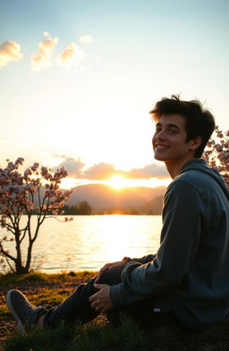 A serene and uplifting scene depicting a person sitting by a tranquil lake at sunrise, symbolizing new beginnings after heartbreak