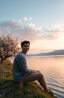A serene and uplifting scene depicting a person sitting by a tranquil lake at sunrise, symbolizing new beginnings after heartbreak