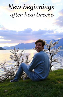 A serene and uplifting scene depicting a person sitting by a tranquil lake at sunrise, symbolizing new beginnings after heartbreak