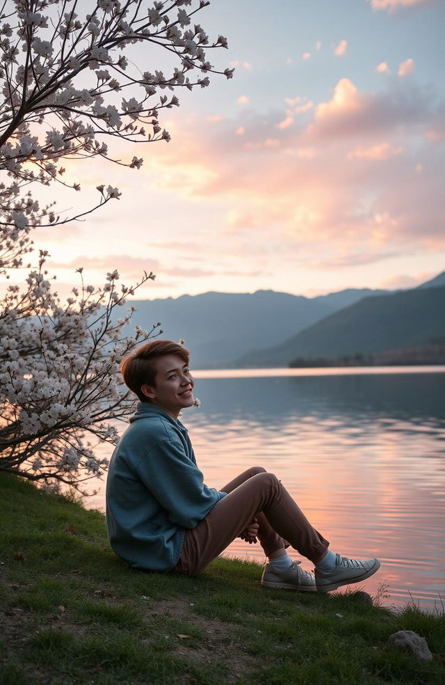 A serene and uplifting scene depicting a person sitting by a tranquil lake at sunrise, symbolizing new beginnings after heartbreak