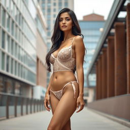 A Pakistani woman dressed in elegant and stylish lingerie, standing confidently in a contemporary urban setting in Hull, England