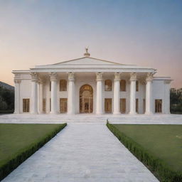 The exterior design of a modern, expansive 100ft x 200ft wedding hall made with composite board design, possessing the grandeur of a Roman temple but crafted from modern materials