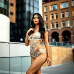 A Pakistani woman dressed in elegant and stylish lingerie, standing confidently in a contemporary urban setting in Hull, England