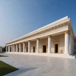 The exterior design of a modern, expansive 100ft x 200ft wedding hall made with composite board design, possessing the grandeur of a Roman temple but crafted from modern materials