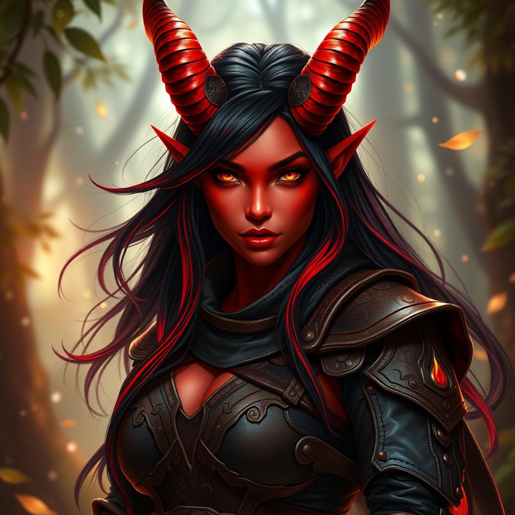 An enchanting, seductive, and fiery female tiefling ranger with mesmerizing red skin and striking horns that split into two elegant points