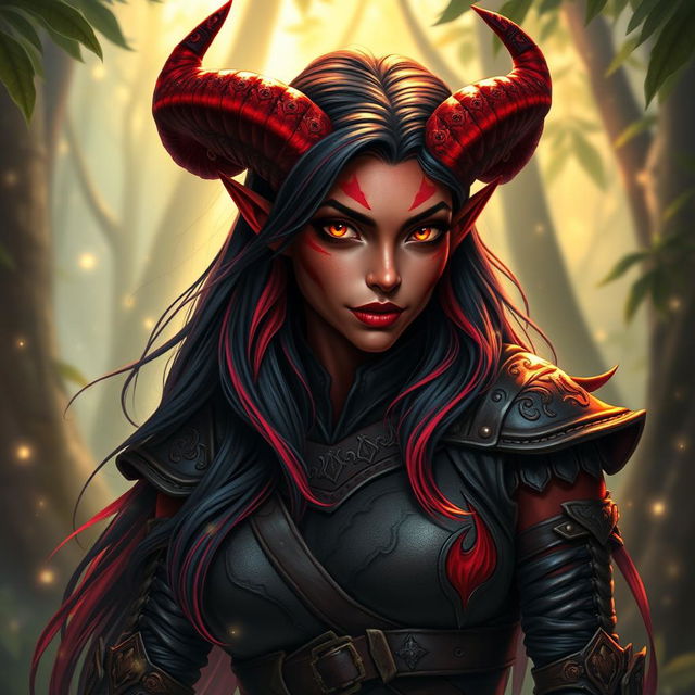 An enchanting, seductive, and fiery female tiefling ranger with mesmerizing red skin and striking horns that split into two elegant points