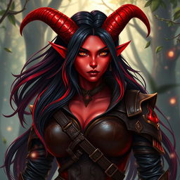 An enchanting, seductive, and fiery female tiefling ranger with mesmerizing red skin and striking horns that split into two elegant points
