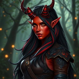 An enchanting, seductive, and fiery female tiefling ranger with mesmerizing red skin and striking horns that split into two elegant points