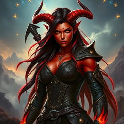 An epic, seductive, and fiery female tiefling ranger with striking red skin and dramatic horns that split into two elegant points