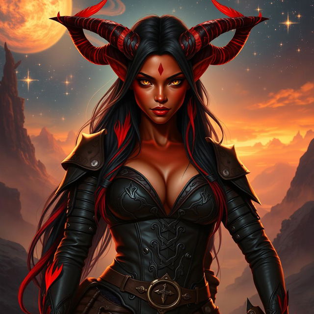 An epic, seductive, and fiery female tiefling ranger with striking red skin and dramatic horns that split into two elegant points